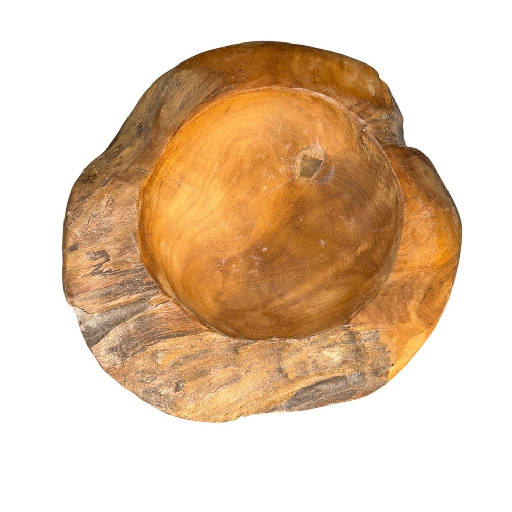 Rustic Teak Wooden Bowl Live Edge Hand Carved Natural Wood Decorative Accent‎